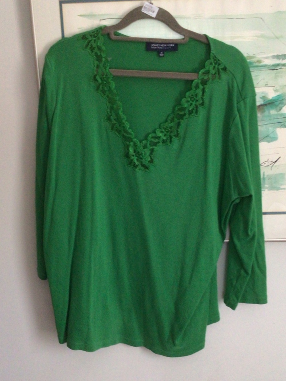 Jones New York Bright Green Lace-Trim V-Neck Long Sleeve Top